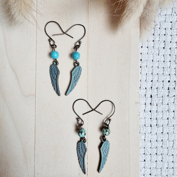 African Turquoise Wing Dangle Earrings Natural Handcrafted Western Boho New - Picture 5 of 6